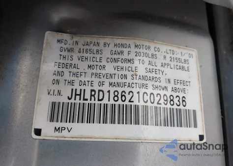 2001 Honda Cr-V Ex from USA, damaged, VIN JHLRD18621C029836